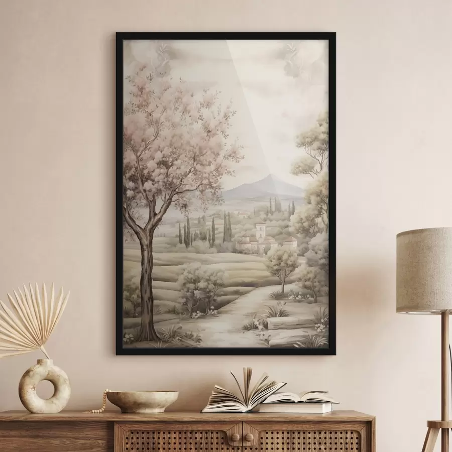 Fototapetes Akvarelis kalni, zied ķiršu koks, pils, lauku stils f41225