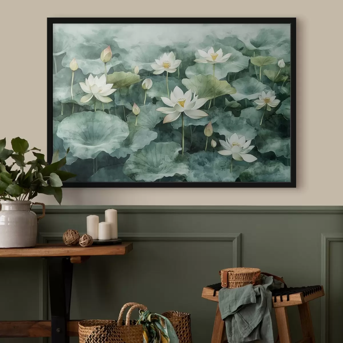Plakāts Lotusi dīķī, akvarelis, zaļumi f41228