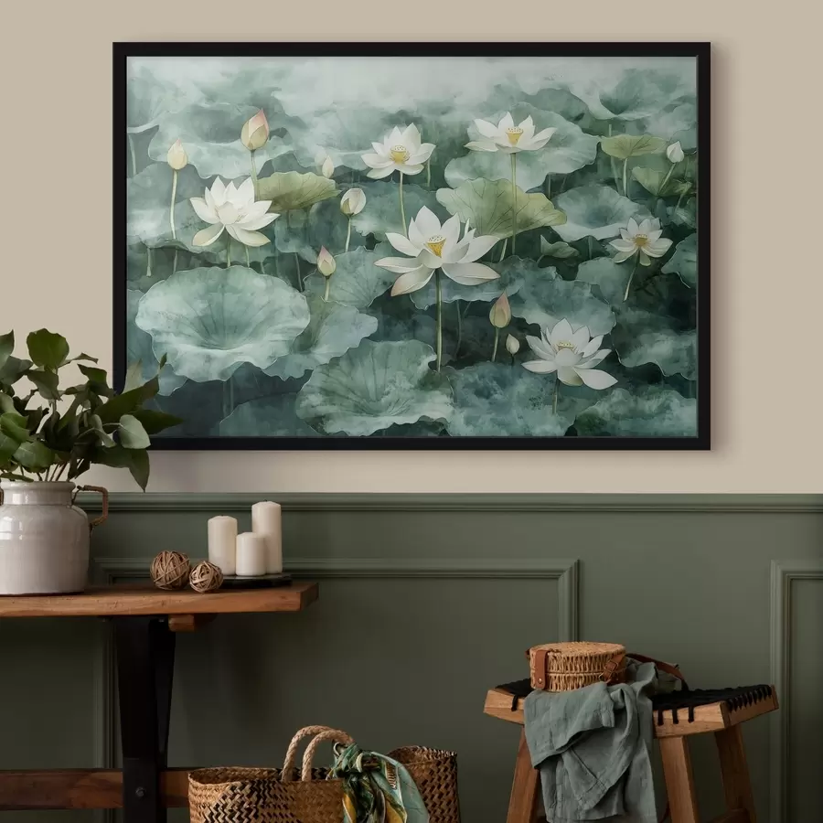 Fototapetes Lotusi dīķī, akvarelis, zaļumi f41228