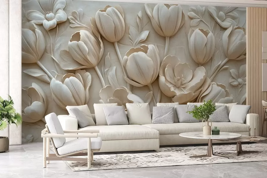 Fototapetes 3D ziedu māksla ar graciozām tulpēm bēšā krāsā w01851