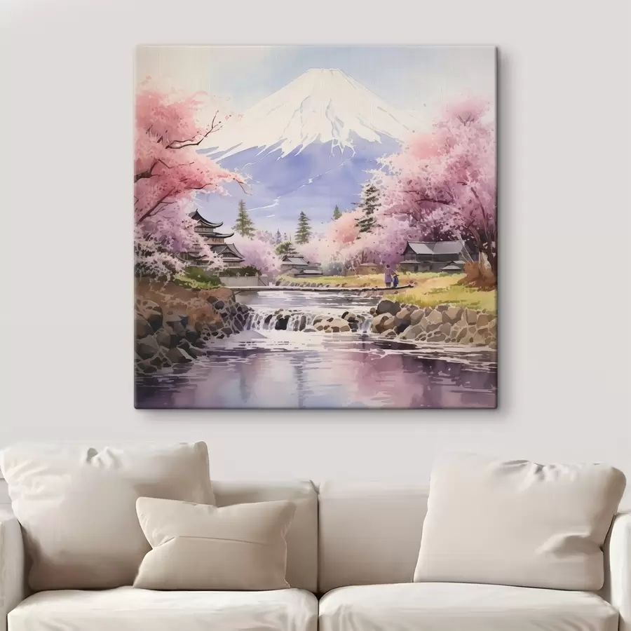 Glezna Ķiršu ziedi pie Fudzi kalna upes s38948