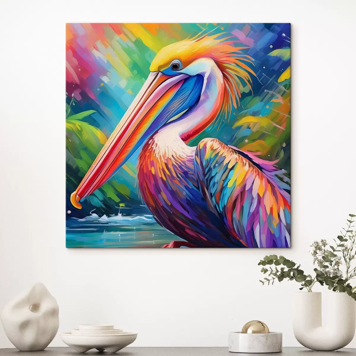 Glezna Spilgts pelikāns krāsainā fonā s39054
