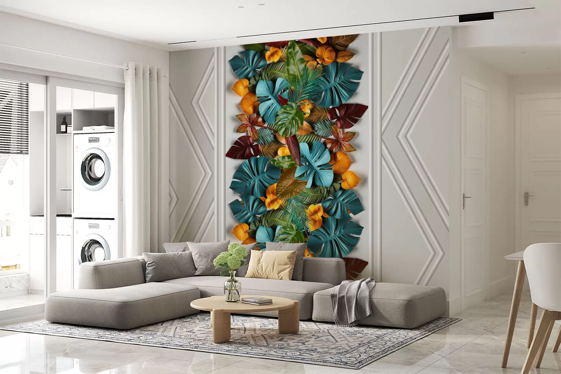Fototapetes 3D tapetes ar krāsainām tropu lapām un ģeometriju uz pelēka fona w01876