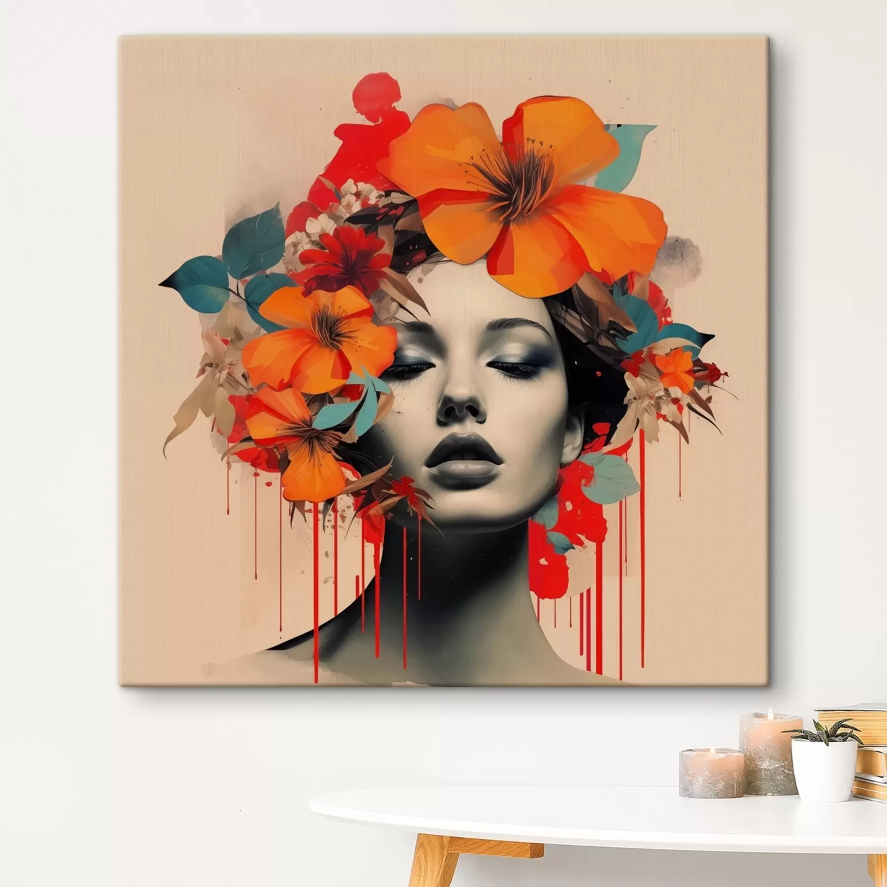 Fototapetes Meitenes portrets kolāžas stilā ar ziediem s41271