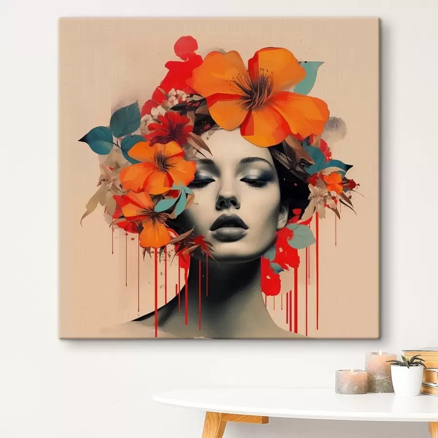 Glezna Meitenes portrets kolāžas stilā ar ziediem s41271