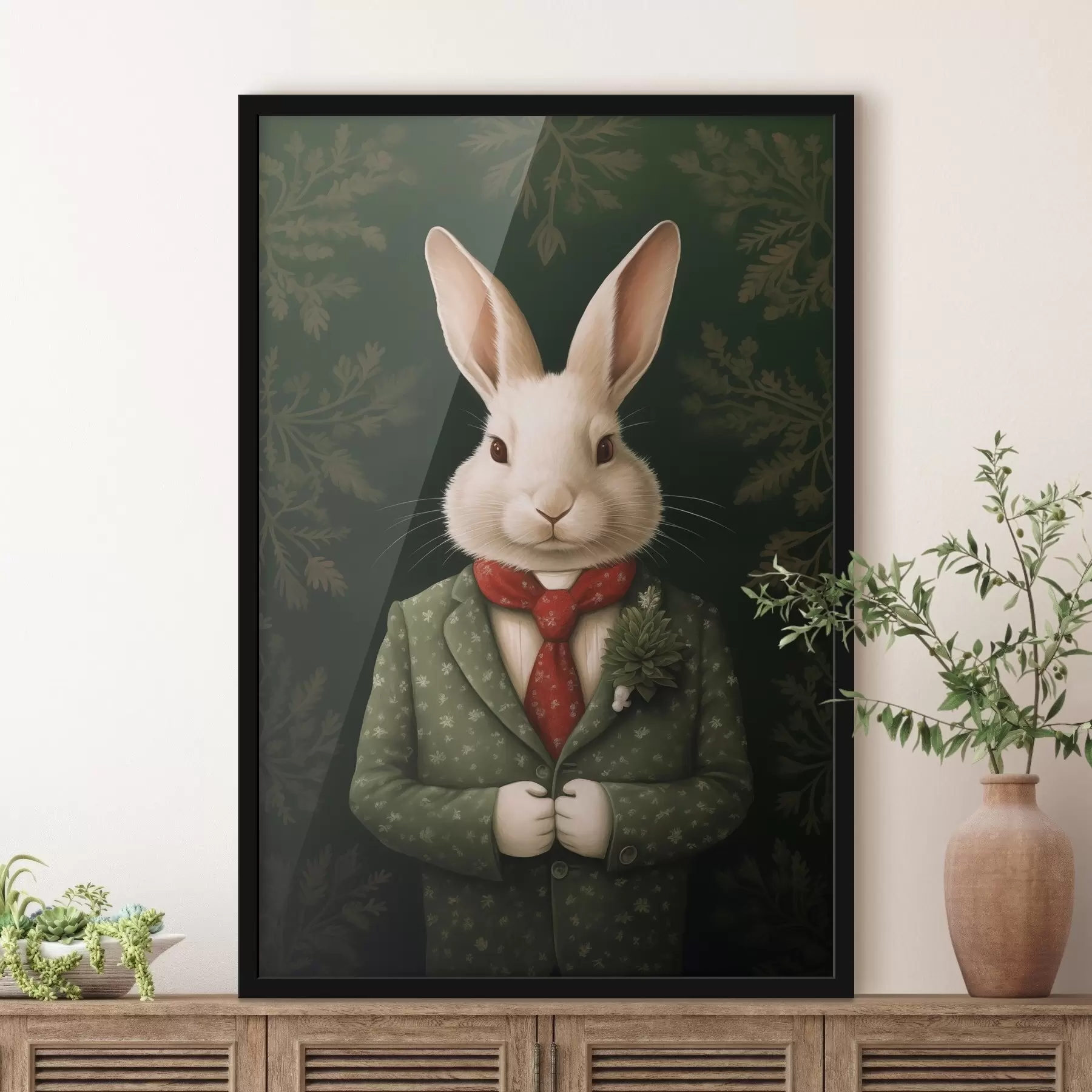 Glezna Balts zaķis zaļā uzvalkā un sarkanā kaklasaitē ilustrācija f41278