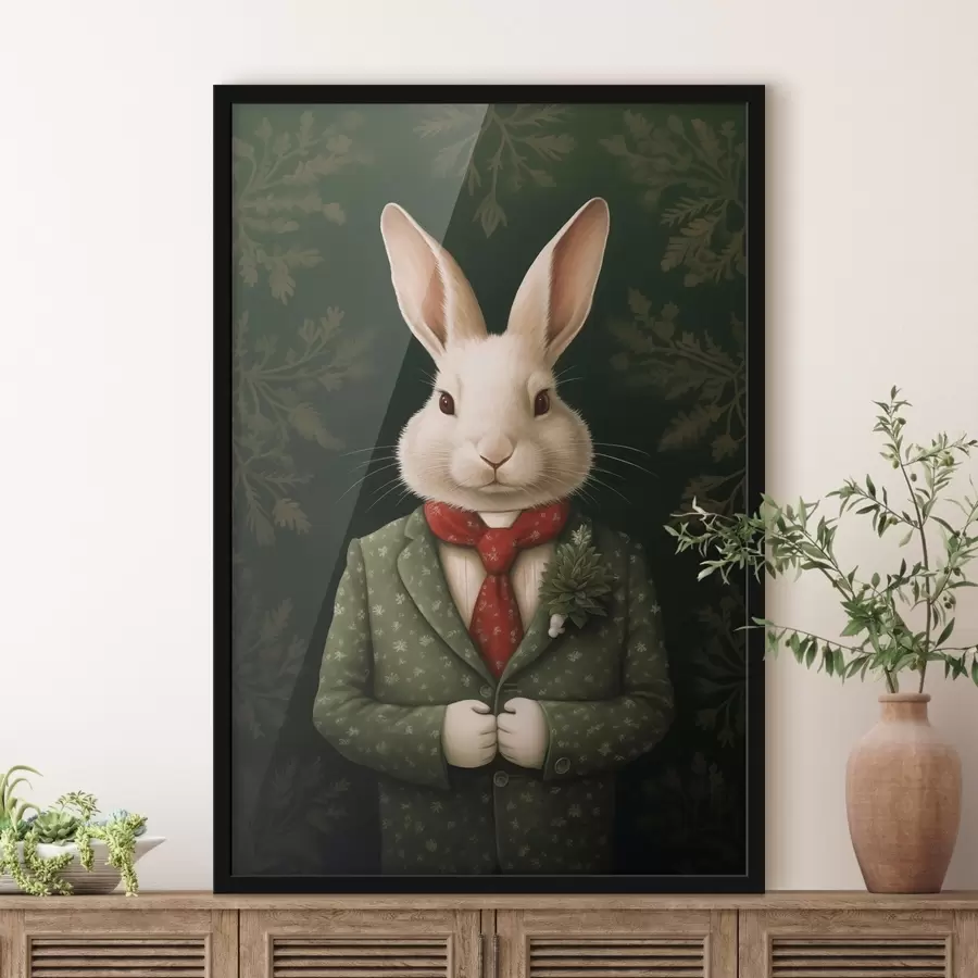 Fototapetes Balts zaķis zaļā uzvalkā un sarkanā kaklasaitē ilustrācija f41278