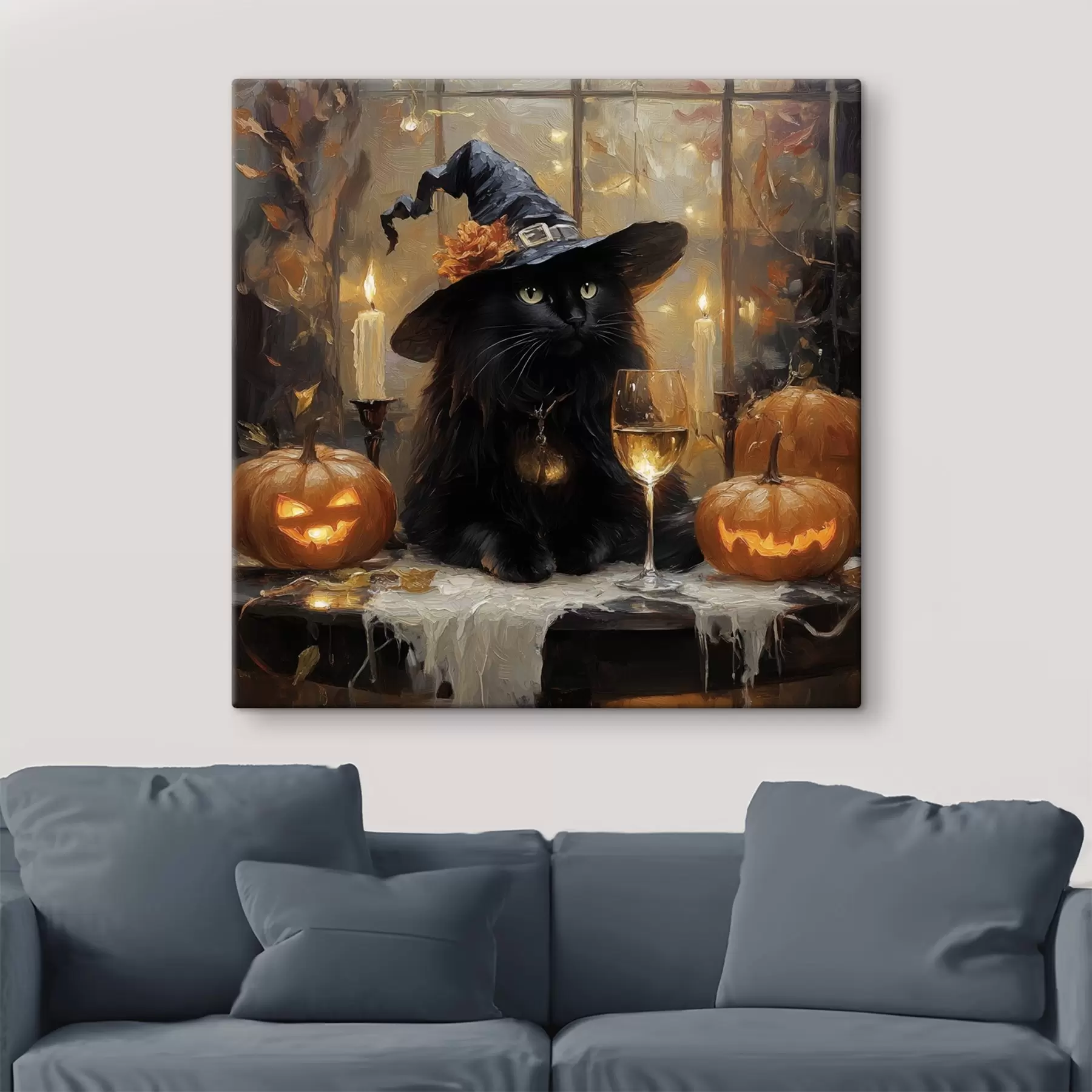 Fototapetes Melns kaķis ar ķirbjiem s41349