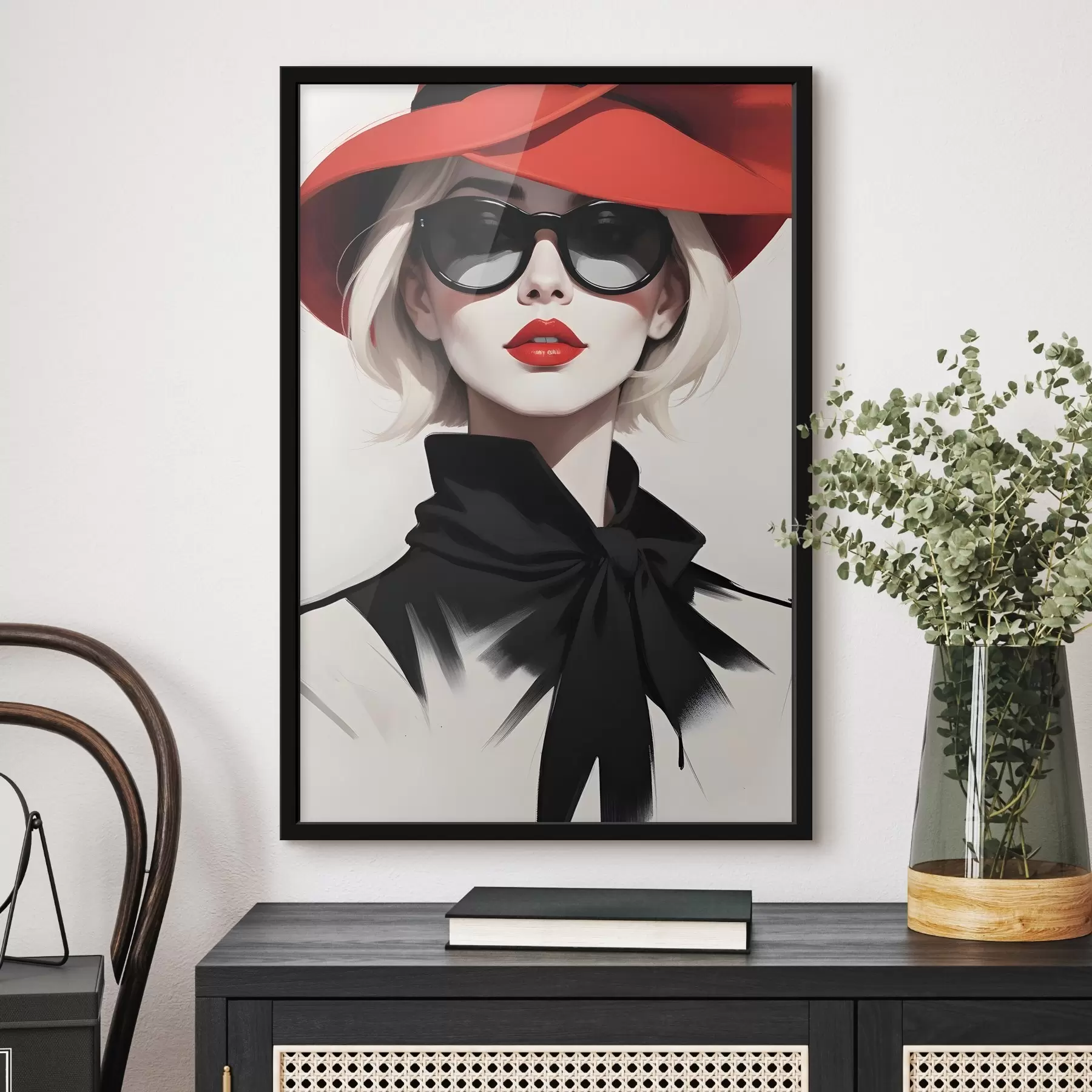 Glezna Sieviete ar sarkanu cepuri un saulesbrillēm f38365