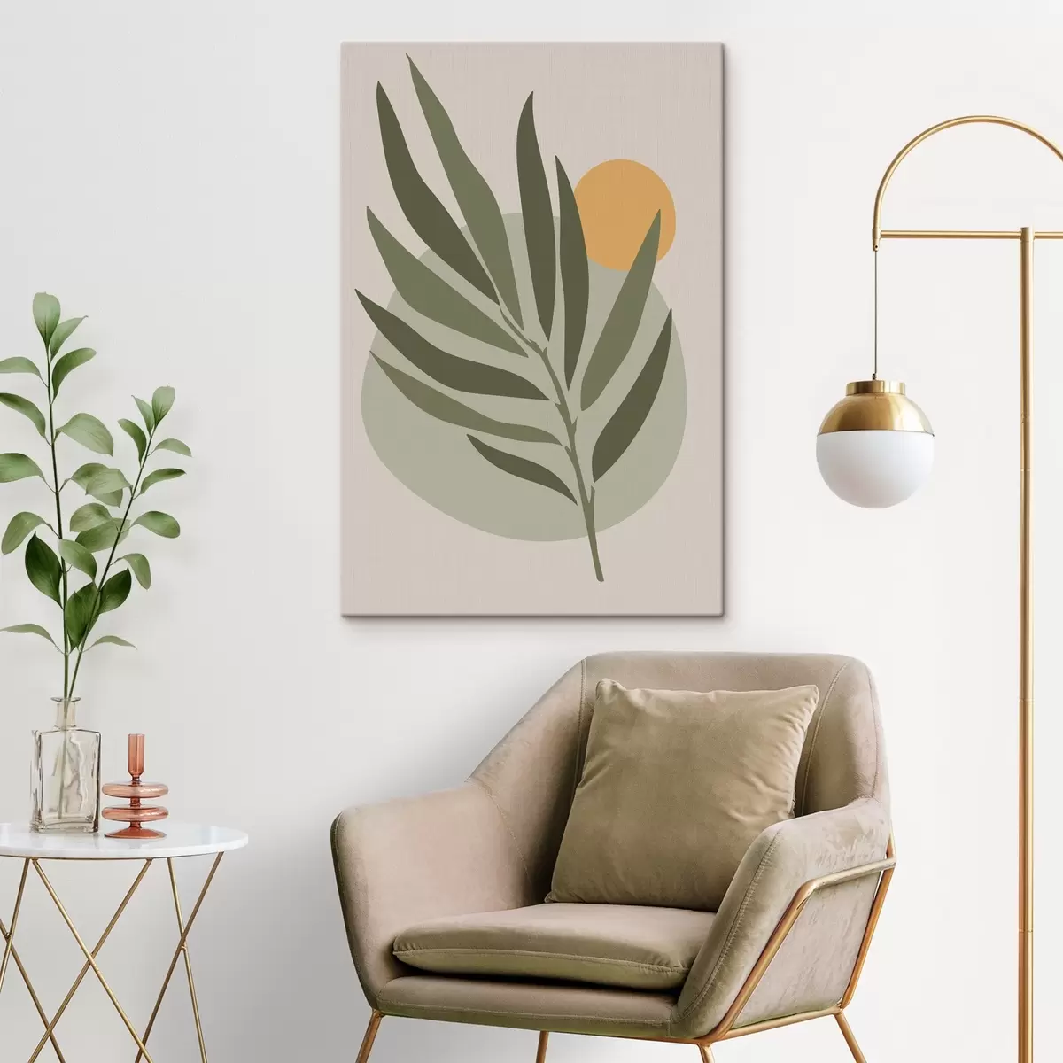 Glezna Zaļa lapa ar dzeltenu apli s37442