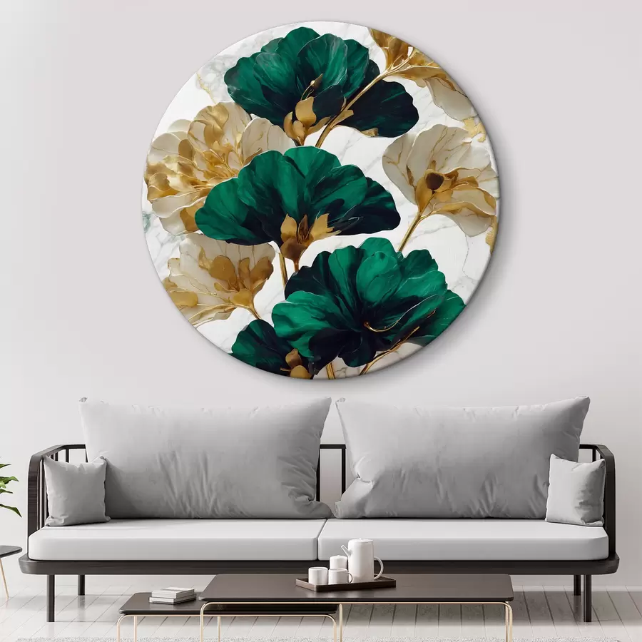 Fototapetes Zaļie un baltie ziedi uz balta marmora fona r36646