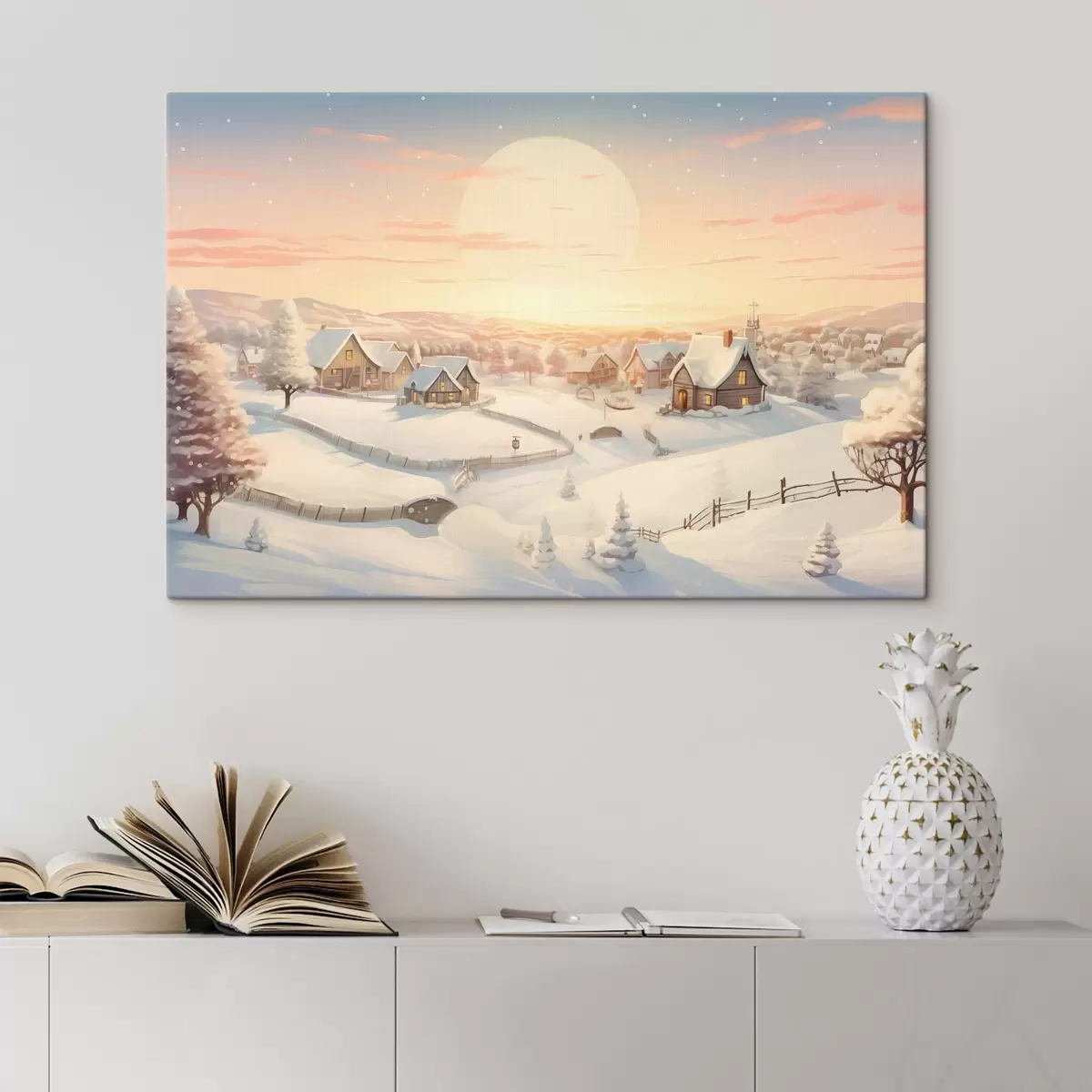 Glezna Ziemas ciemats saulrietā, sniegotas mājas, priedes s41380