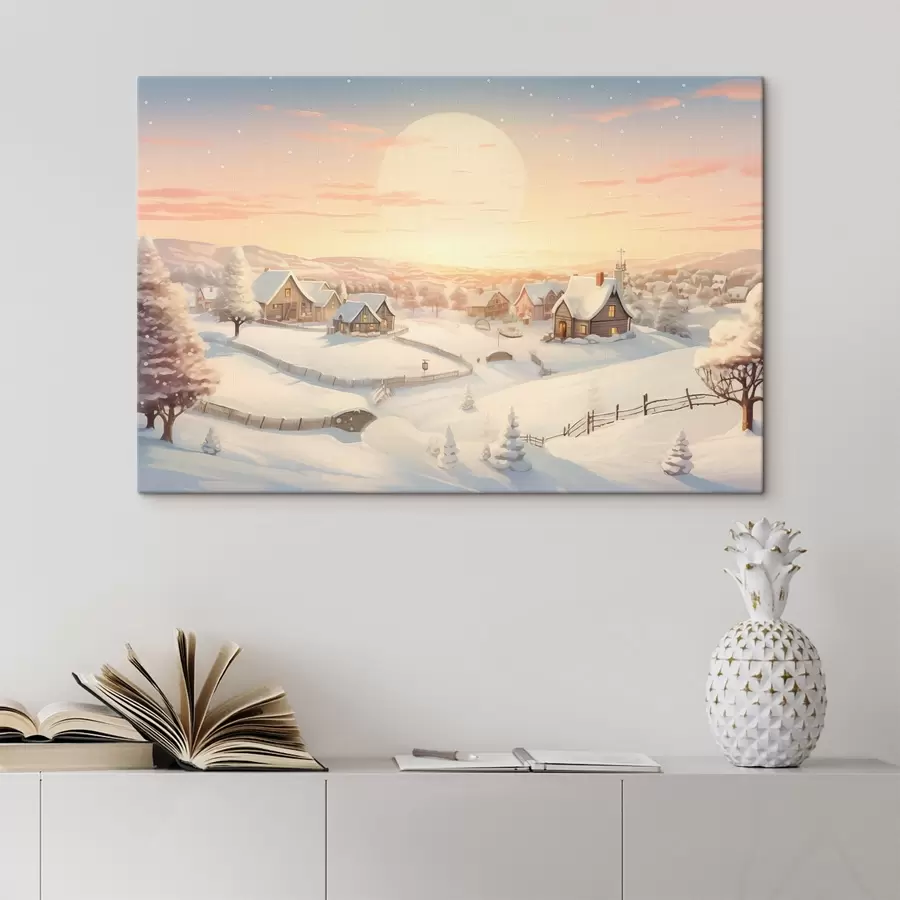 Glezna Ziemas ciemats saulrietā, sniegotas mājas, priedes s41380