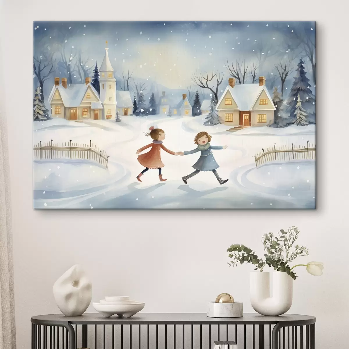 Glezna Meitenes ziemas ciematā, sniegpārslas, akvarelis, mājas, mežs s41385