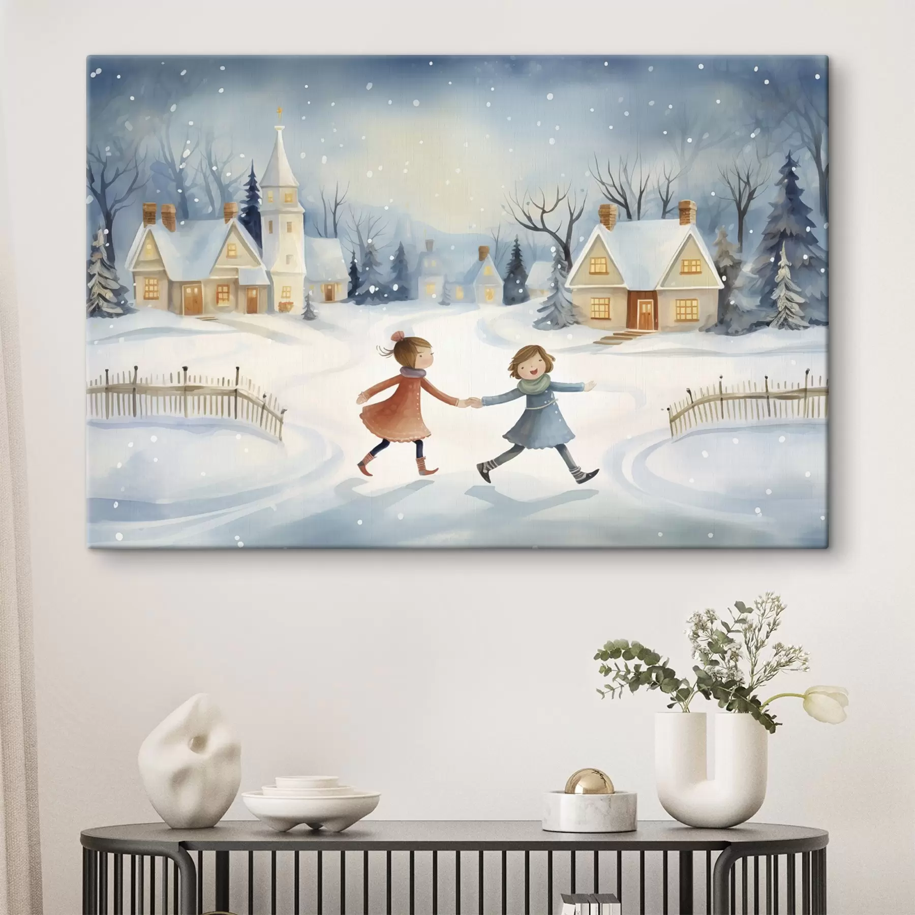 Glezna Meitenes ziemas ciematā, sniegpārslas, akvarelis, mājas, mežs s41385