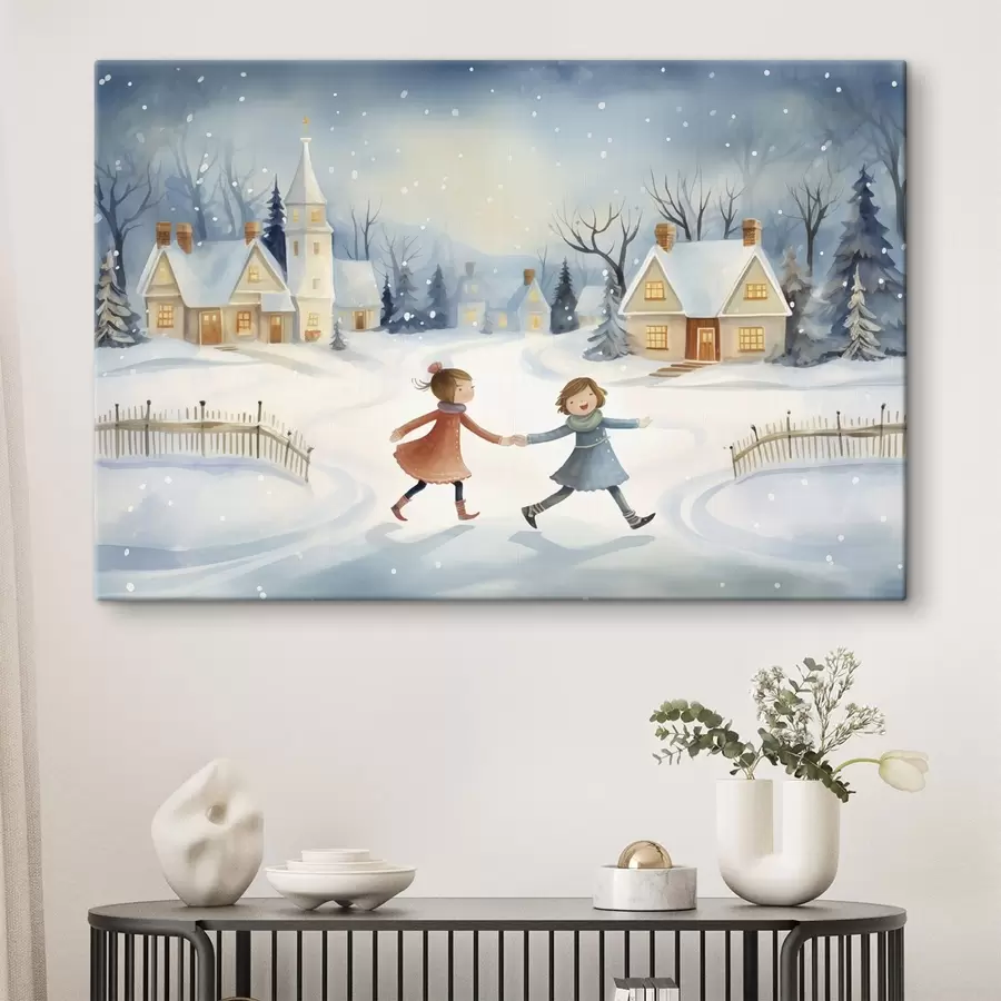 Glezna Meitenes ziemas ciematā, sniegpārslas, akvarelis, mājas, mežs s41385