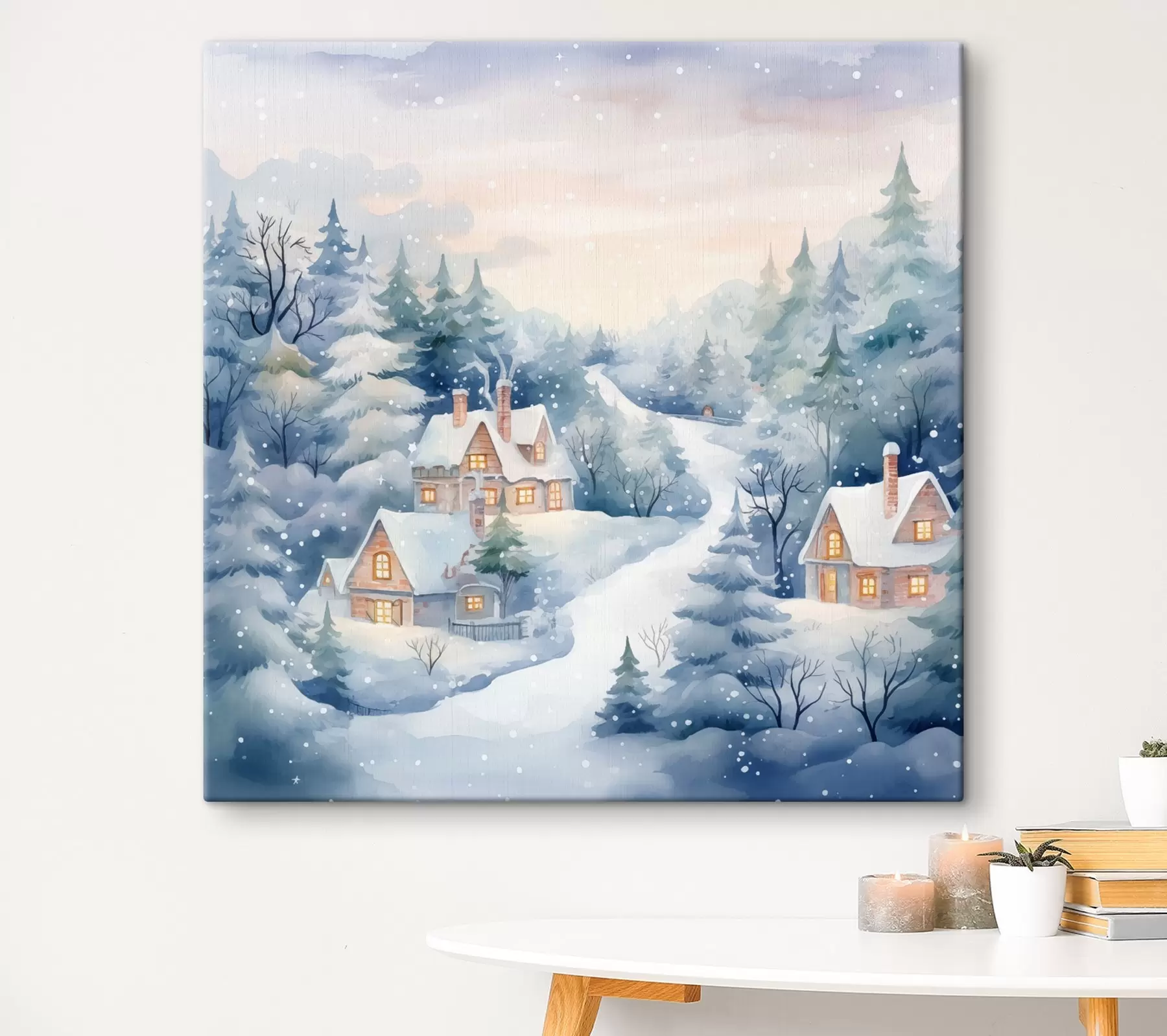 Glezna Akvareļu ziemas ainava, priežu mežs, mājas s41387