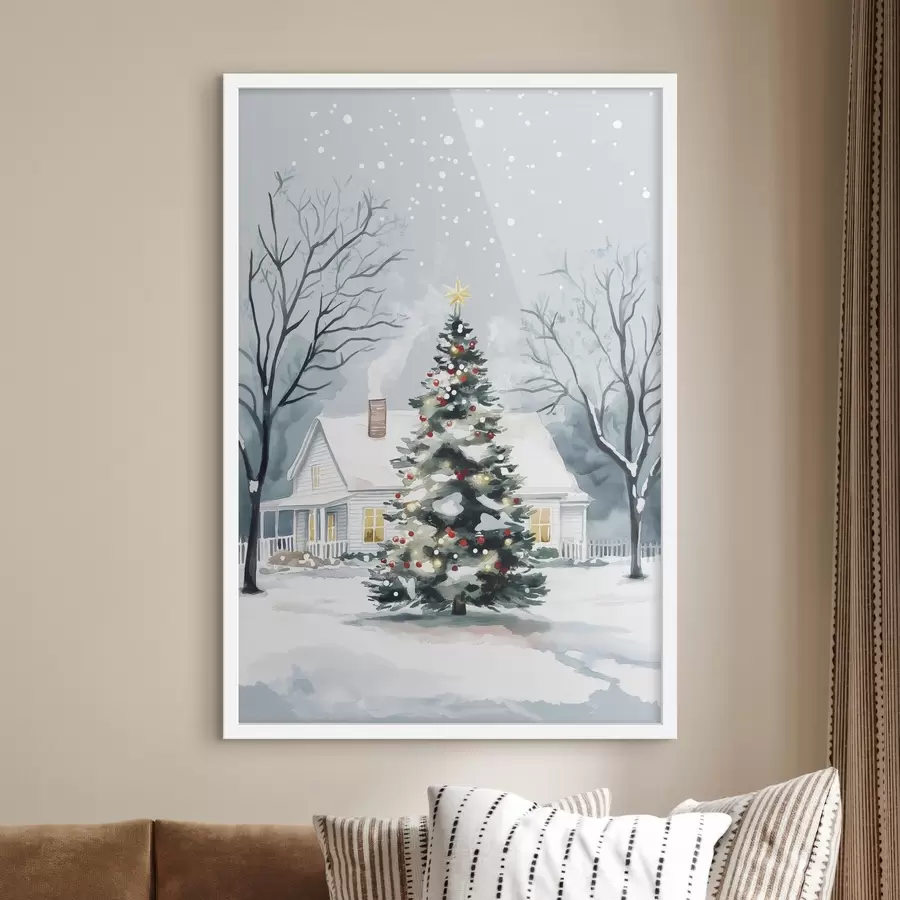 Fototapetes Ziemas pilsēta, rotāta priede, Ziemassvētki, akvarelis f41364