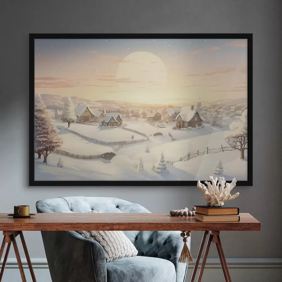 Fototapetes Ziemas ciemats saulrietā, sniegotas mājas, priedes f41380
