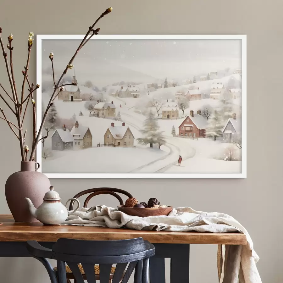 Fototapetes Ziemas ciems, akvarelis, sniegpārslas, maigas krāsas, koki, ainava f41381