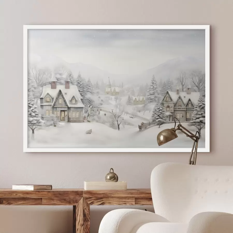 Fototapetes Skaista ziemas ainava ar ciematu, priedēm, mājām, kalniem f41384
