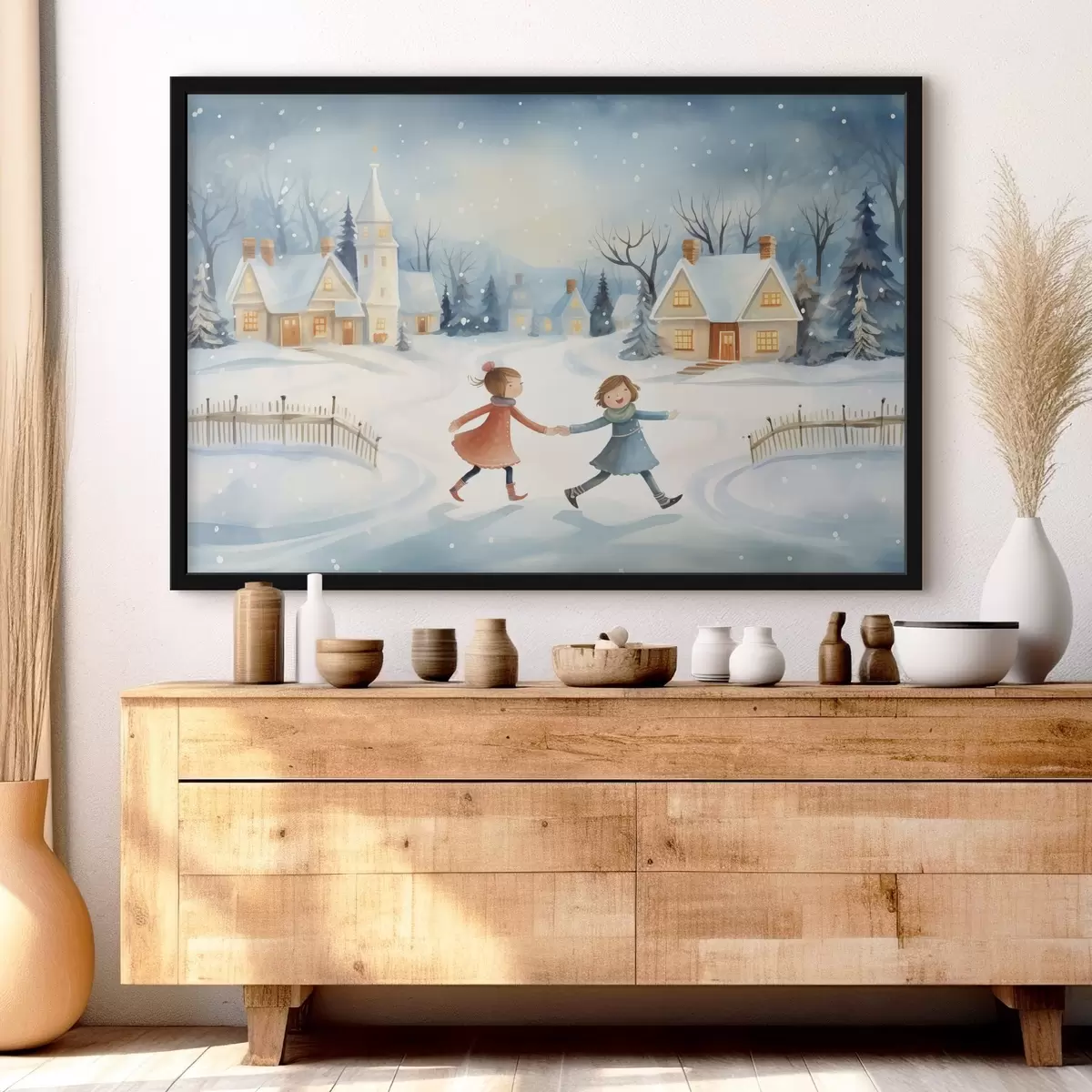 Plakāts Meitenes ziemas ciematā, sniegpārslas, akvarelis, mājas, mežs f41385