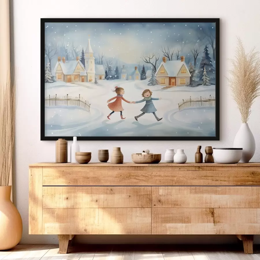 Fototapetes Meitenes ziemas ciematā, sniegpārslas, akvarelis, mājas, mežs f41385