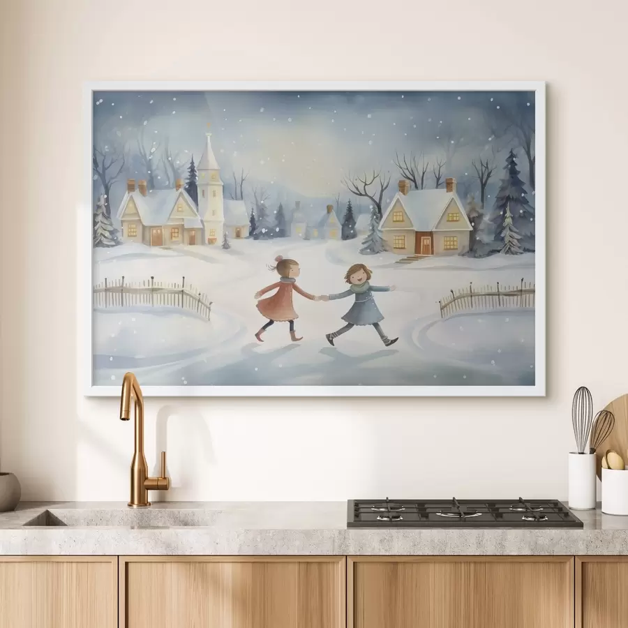 Fototapetes Meitenes ziemas ciematā, sniegpārslas, akvarelis, mājas, mežs f41385