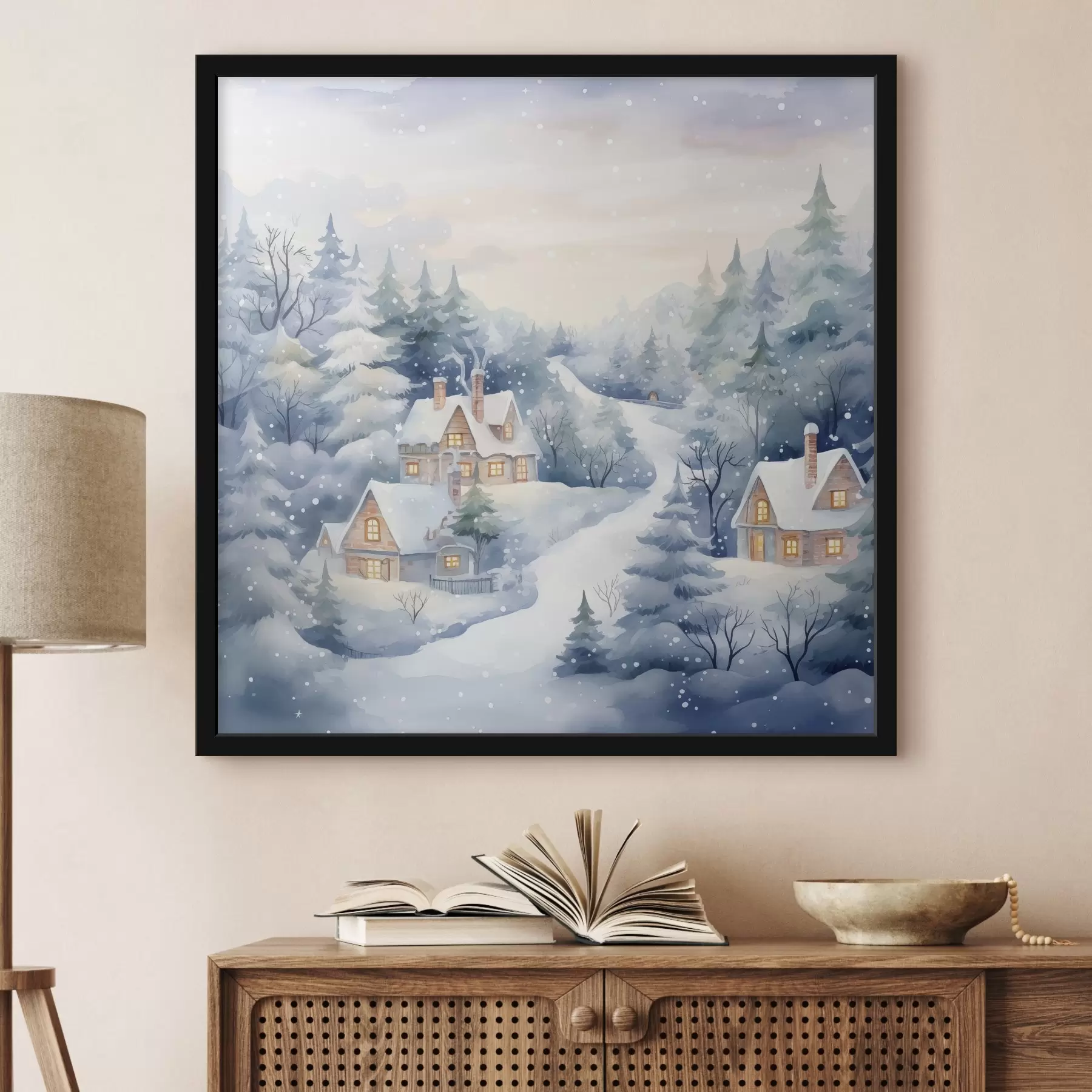 Fototapetes Akvareļu ziemas ainava, priežu mežs, mājas f41387