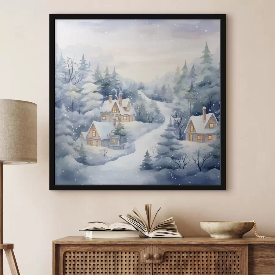 Fototapetes Akvareļu ziemas ainava, priežu mežs, mājas f41387