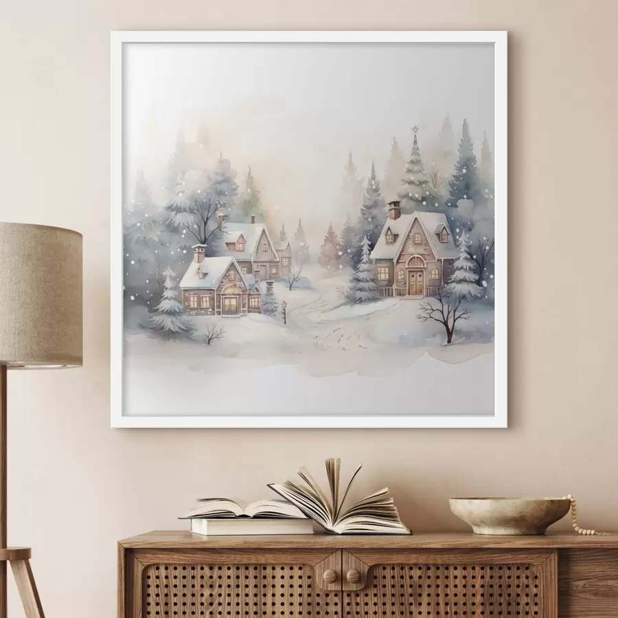 Fototapetes Ziemas ainava, priežu mežs, skaistas mājas, akvarelis, susnets f41390