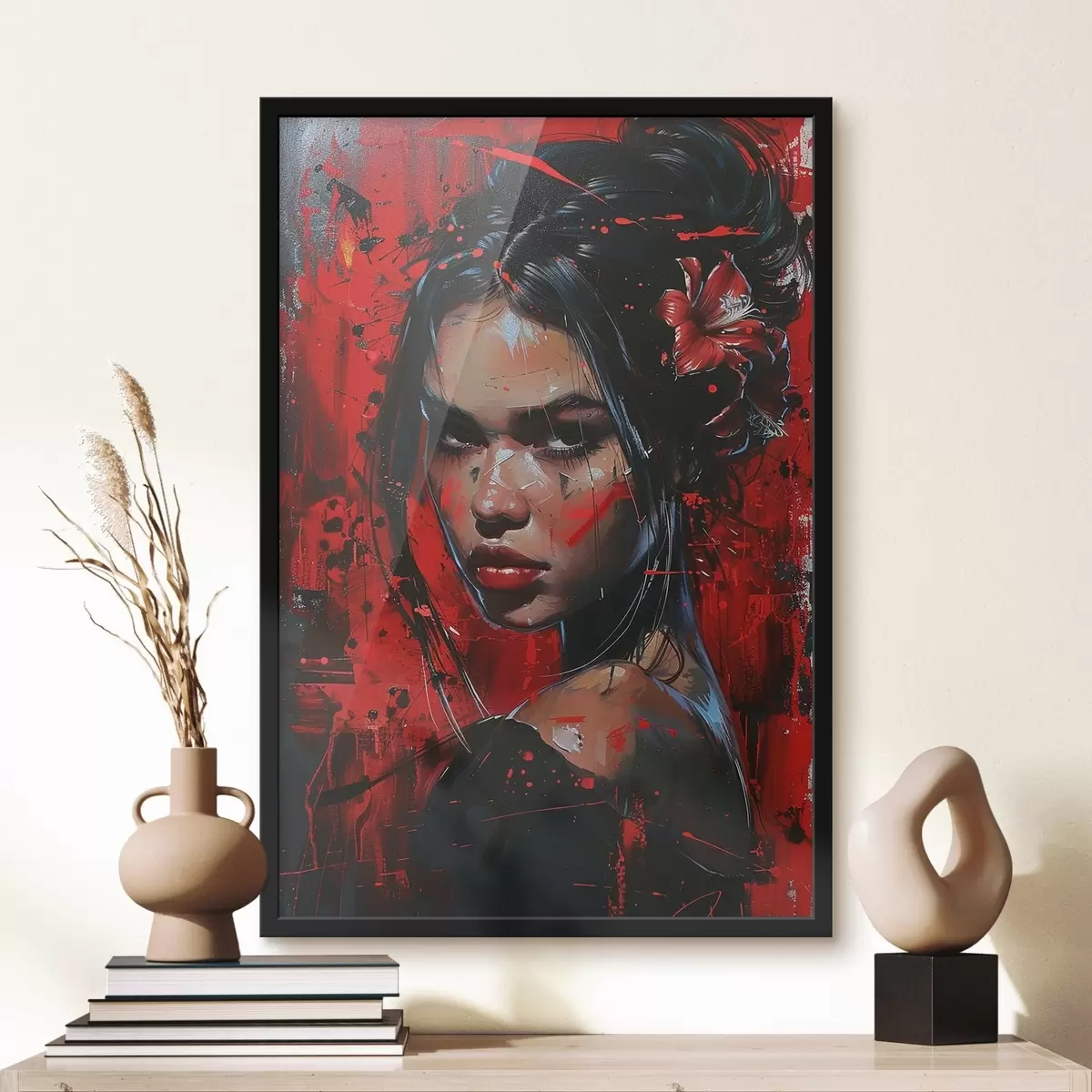 Plakāts Meitene ar krāsām uz sarkana fona f41413