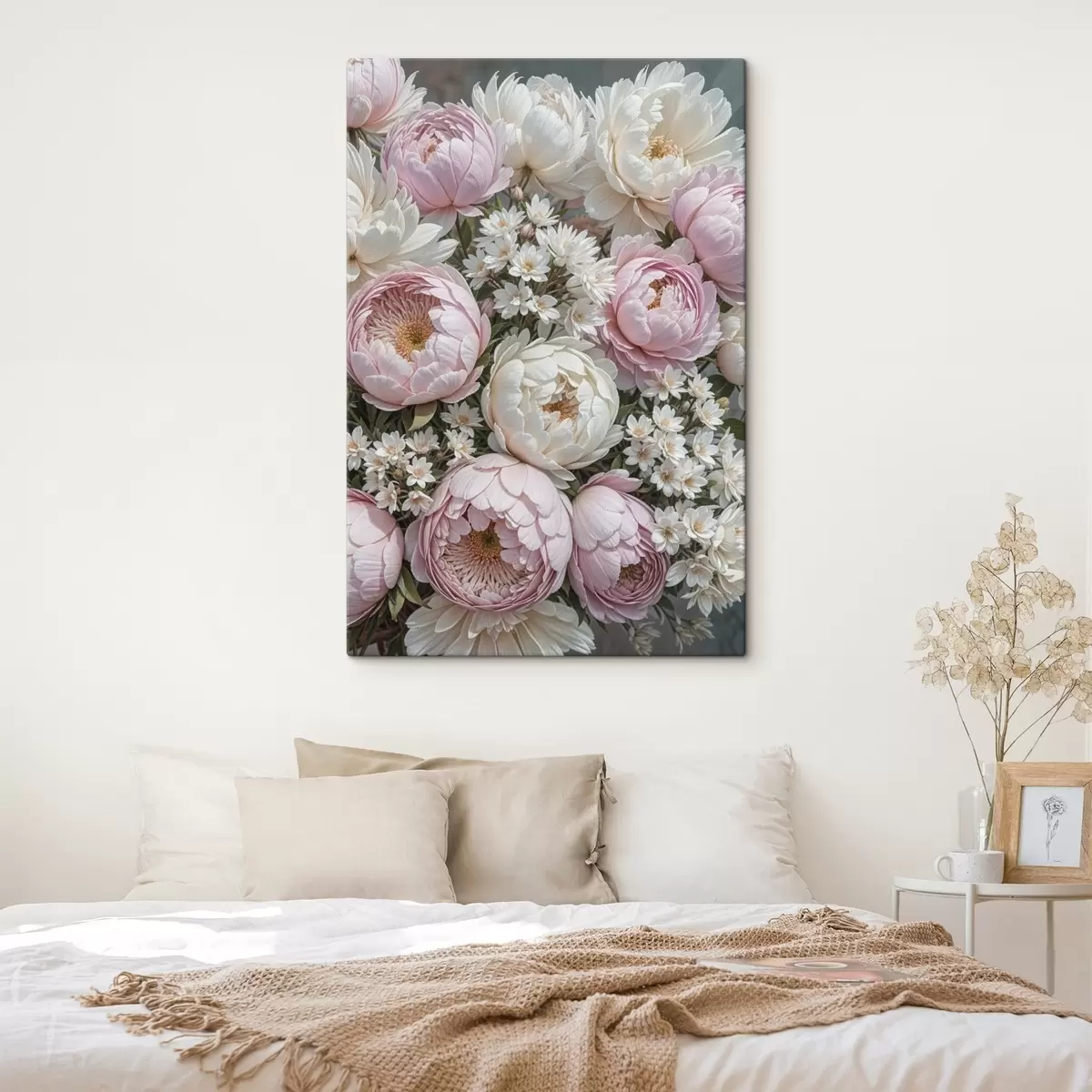Glezna Pasteļrozā peoniju un baltu margrietiņu pušķis, kas sakārtots skaistā ziedu kompozīcijā s41255