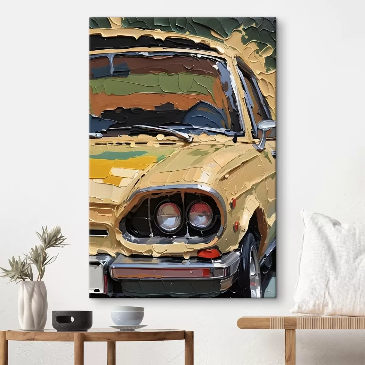 Glezna Imitācija impasto eļļas glezna dzeltena auto pret krāsains, abstrakts fons  s41261