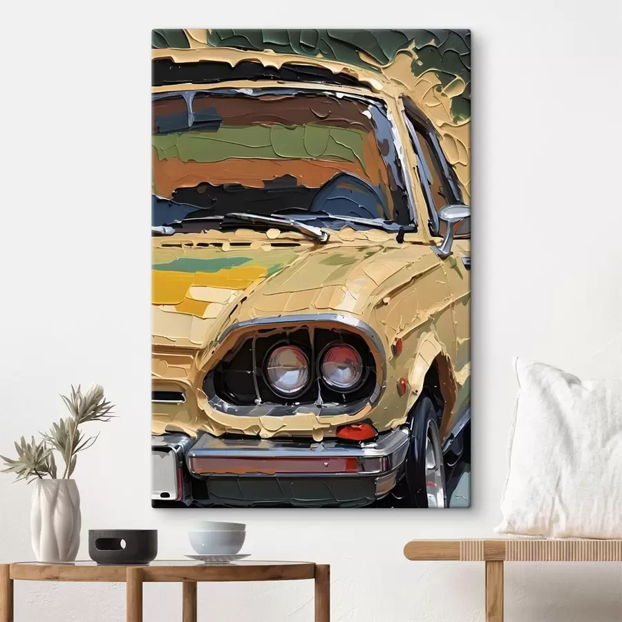 Glezna Imitācija impasto eļļas glezna dzeltena auto pret krāsains, abstrakts fons  s41261