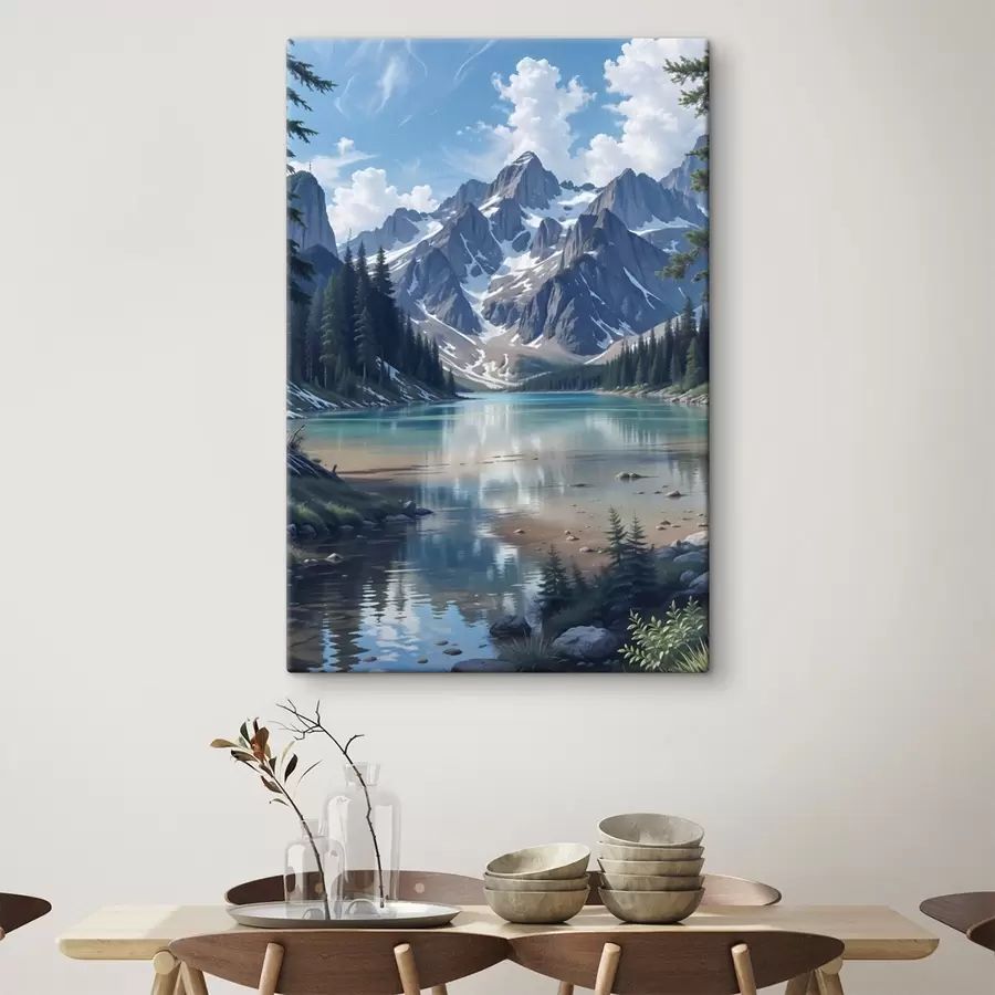 Glezna Rāms Alpu ezers, ko ieskauj majestātiski sniegotie kalni, ar blīvu mežu un mākoņainām debesīm  s41264