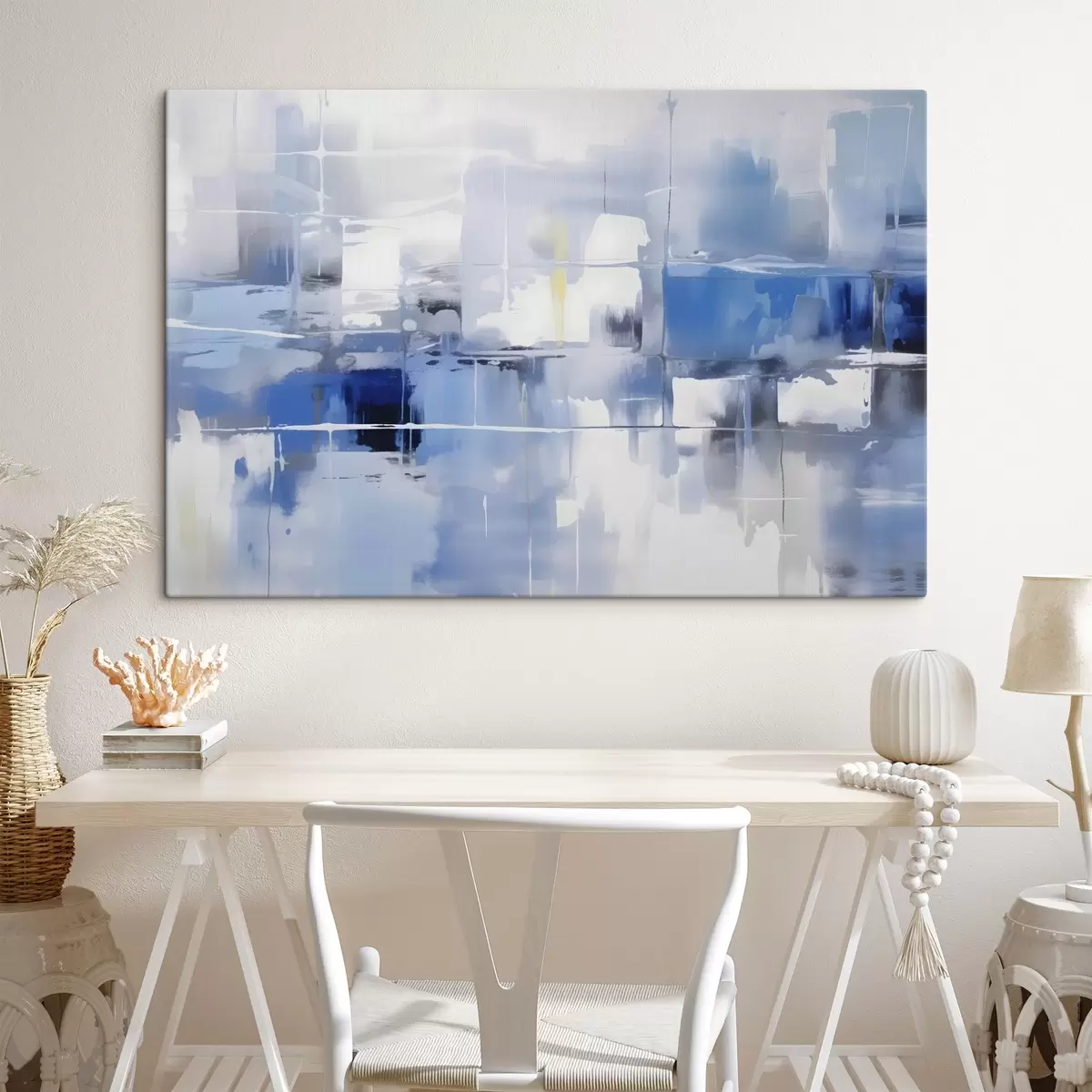 Glezna Mūsdienīga abstrakcija zilos, baltos un pelēkos toņos ar izplūdušām līnijām un formām s41269