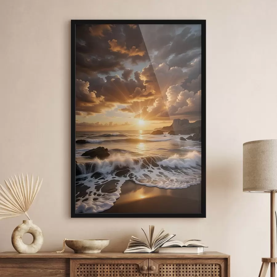 Fototapetes Dramatisks saulriets virs klinšainas piekrastes ar viļņu šalkoņu un dramatiskiem mākoņiem debesīs f41245