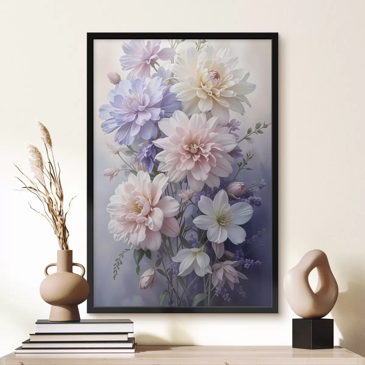 Plakāts Lielu, košu dāliju ziedu pušķis rozā, lavandas un baltā krāsā uz maiga, izplūduša fona f41247