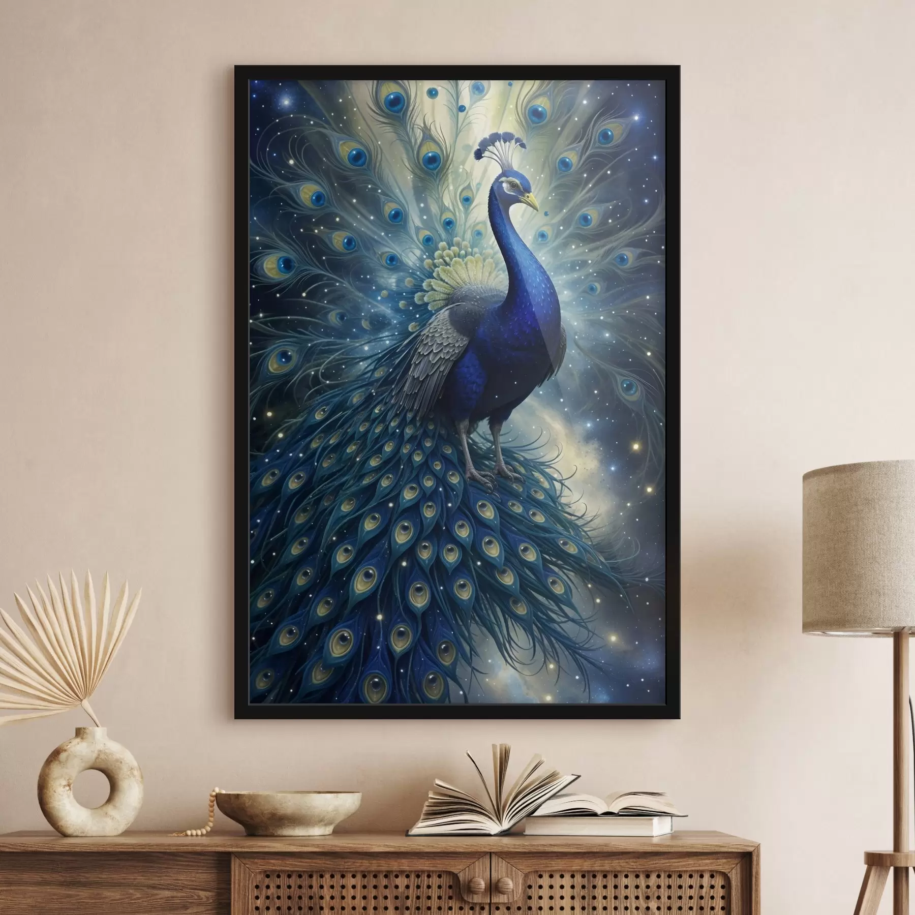 Fototapetes Spilgts un majestātisks pāvs uz zvaigžņotas nakts debess fona, kas rada maģisku un ēterisku atmosfēru f41256