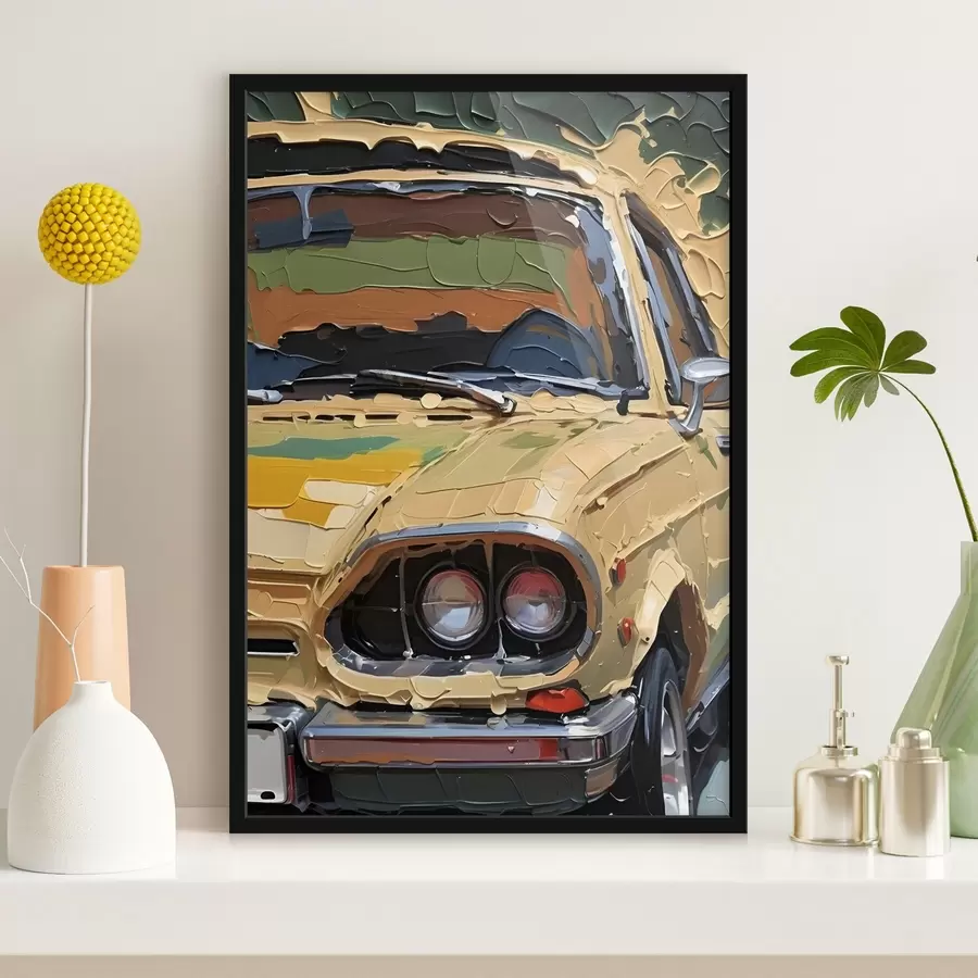 Fototapetes Imitācija impasto eļļas glezna dzeltena auto pret krāsains, abstrakts fons f41261