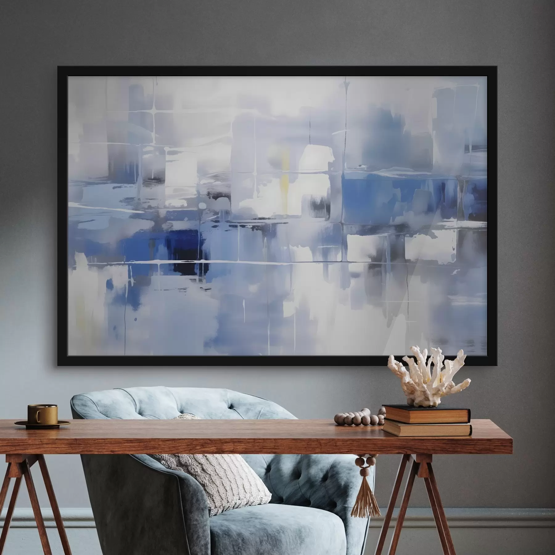 Fototapetes Mūsdienīga abstrakcija zilos, baltos un pelēkos toņos ar izplūdušām līnijām un formām f41269