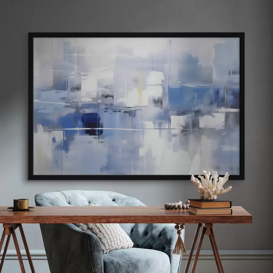 Fototapetes Mūsdienīga abstrakcija zilos, baltos un pelēkos toņos ar izplūdušām līnijām un formām f41269