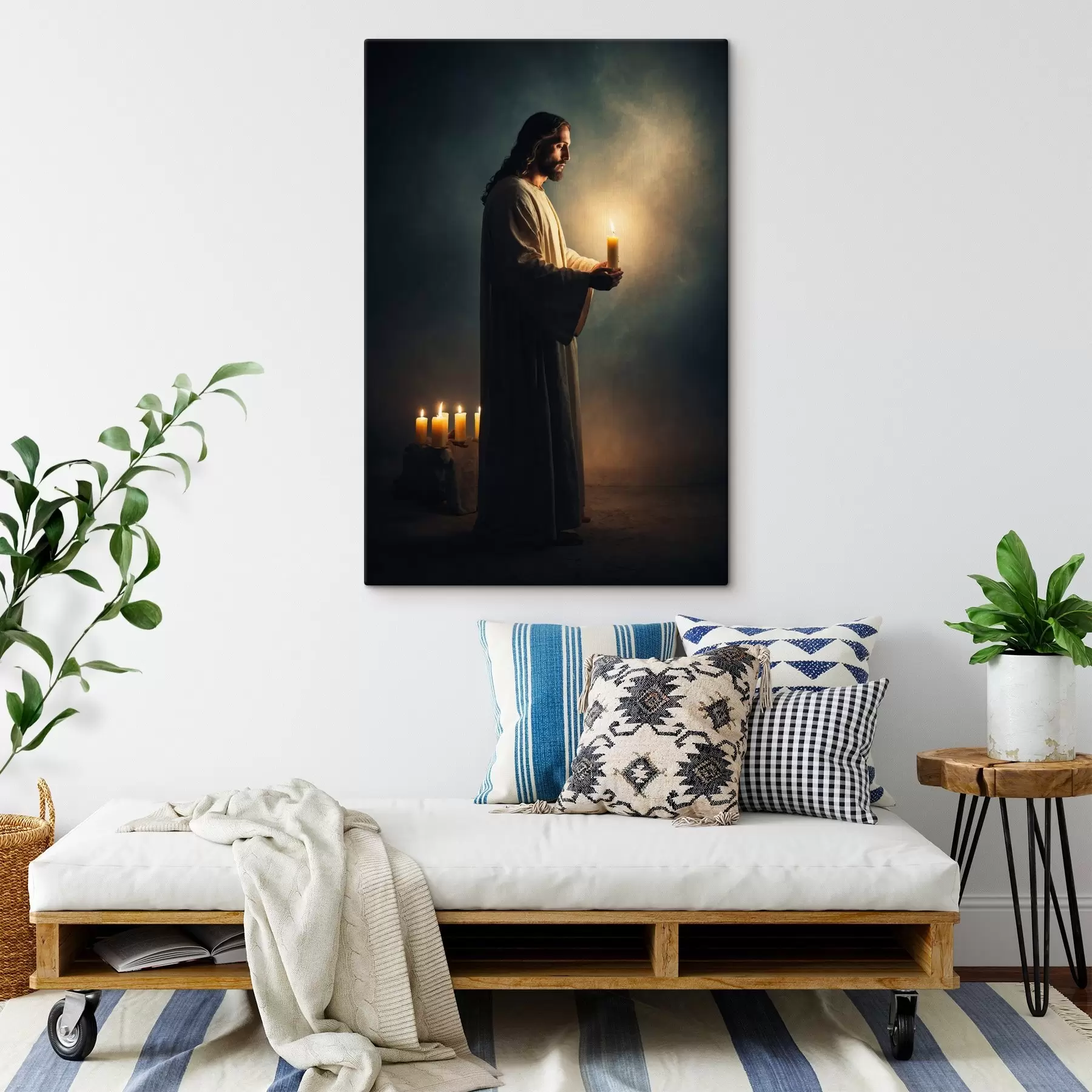 Fototapetes Jēzus Kristus ar sveci tumsā s41315