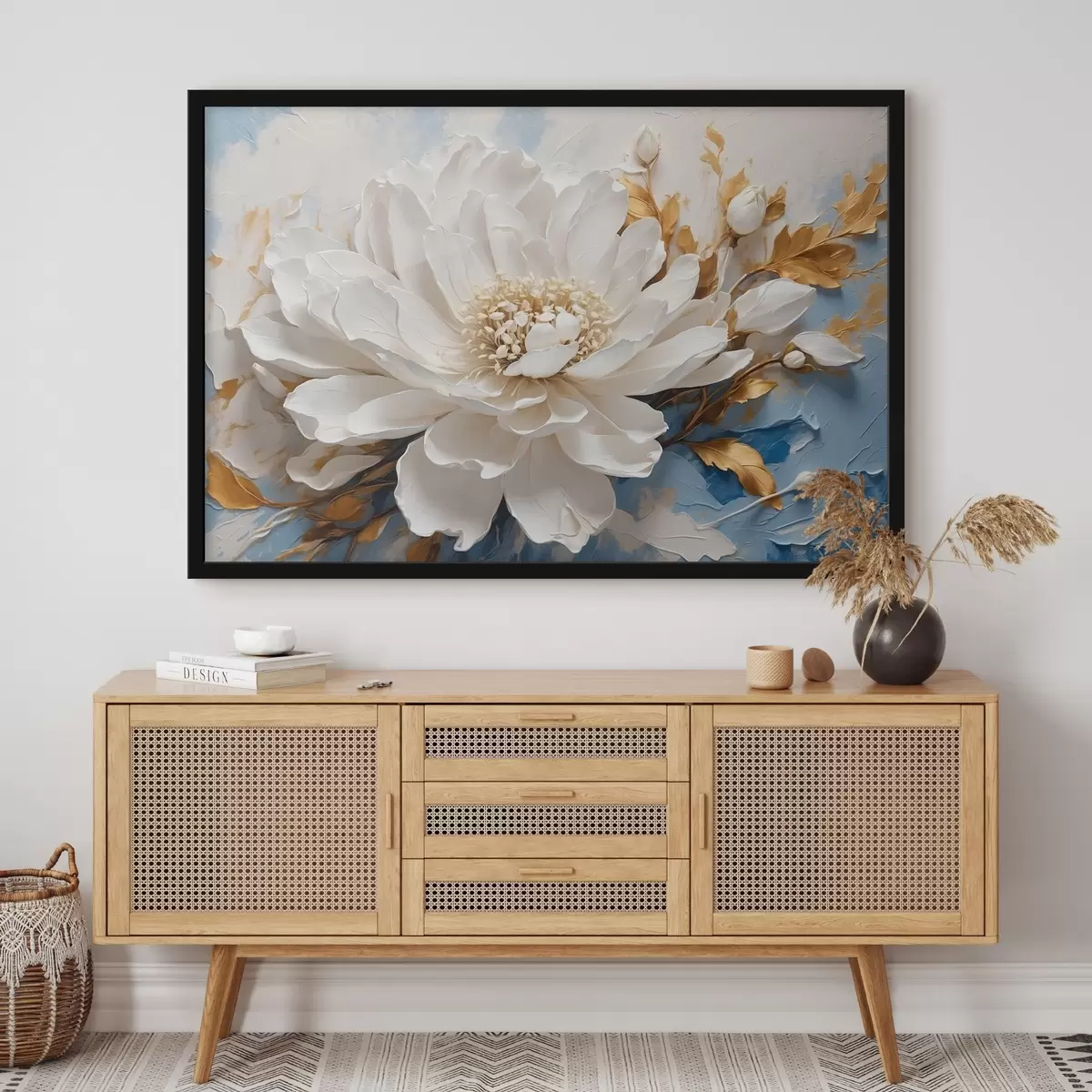 Plakāts Balts zieds uz zili balta fona f41311