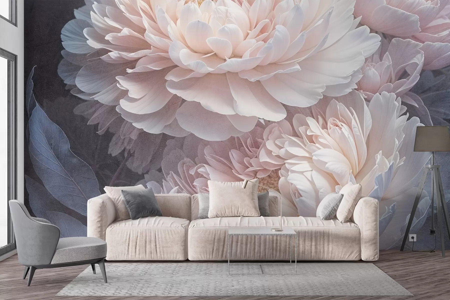 Fototapetes Divu lielu, maigu rozā peoniju tuvplāns ar mīkstām, pūkainām ziedlapiņām un lapām uz neskaidra fona w08382