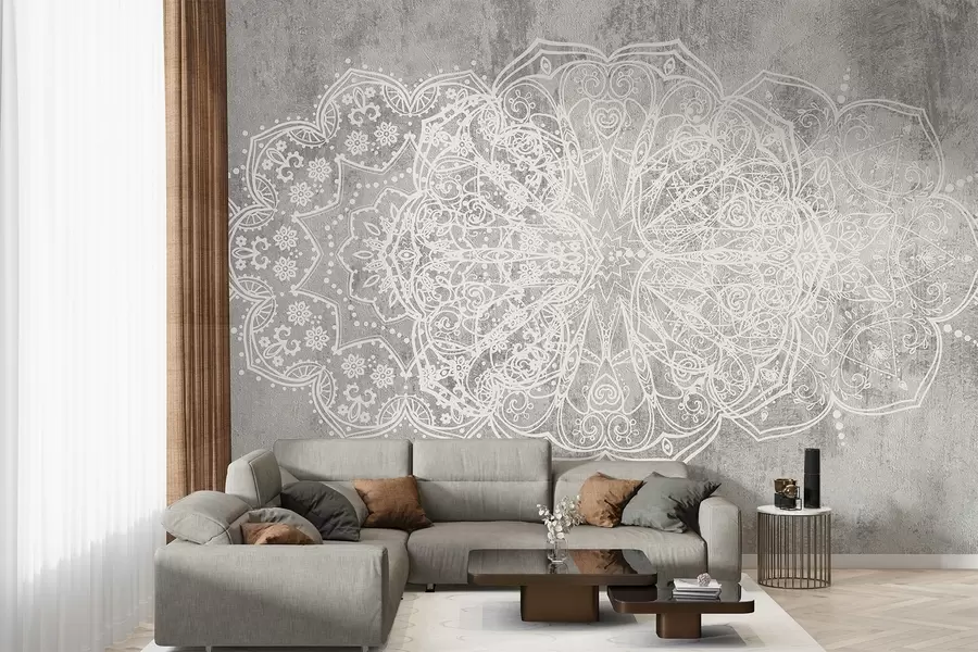 Fototapetes Detalizēts, sarežģīts balts mežģīņu mandalas raksts uz teksturēta bēniņu pelēka sienas fona w08387