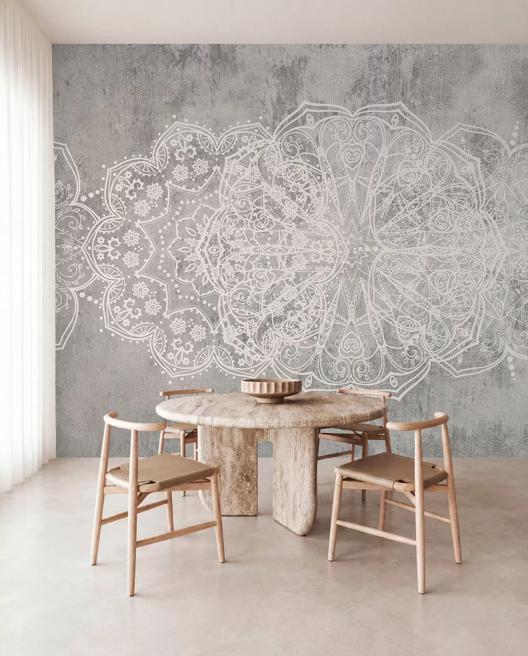 Fototapetes Detalizēts, sarežģīts balts mežģīņu mandalas raksts uz teksturēta bēniņu pelēka sienas fona w08387