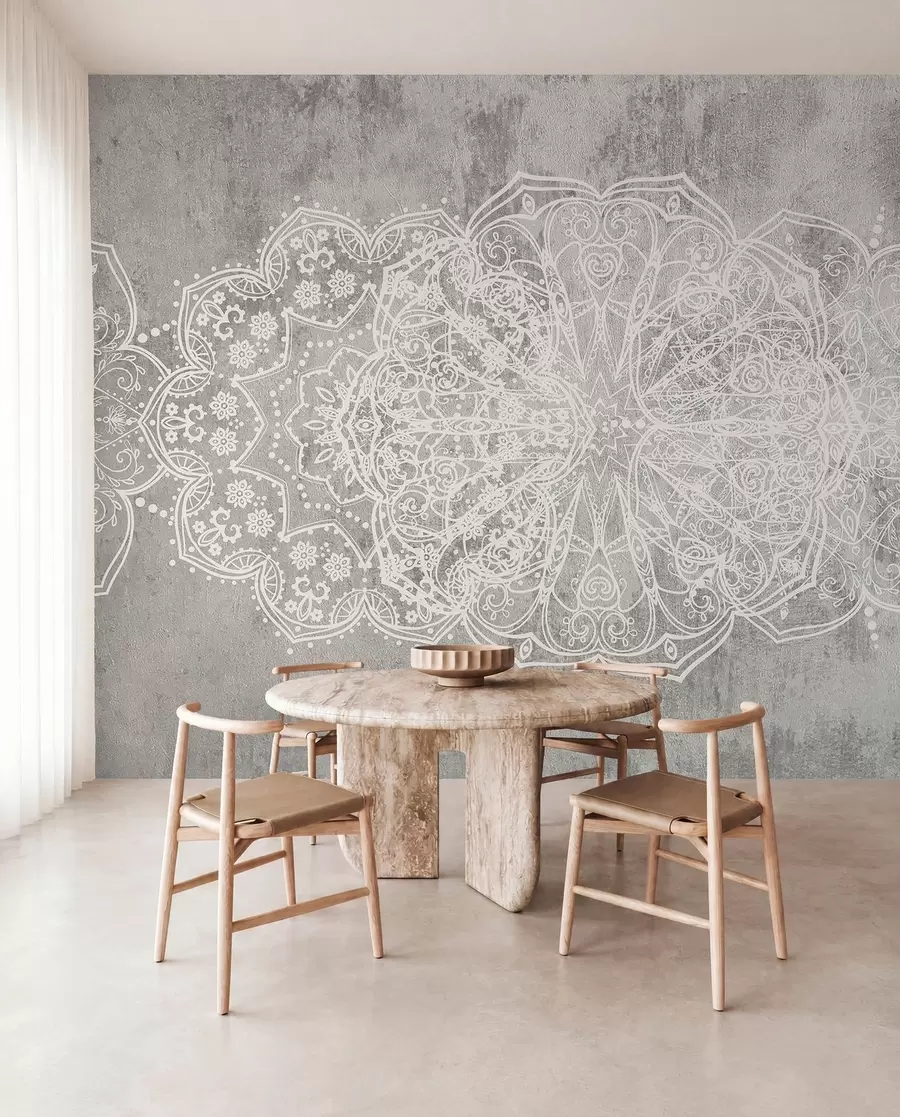 Fototapetes Detalizēts, sarežģīts balts mežģīņu mandalas raksts uz teksturēta bēniņu pelēka sienas fona w08387