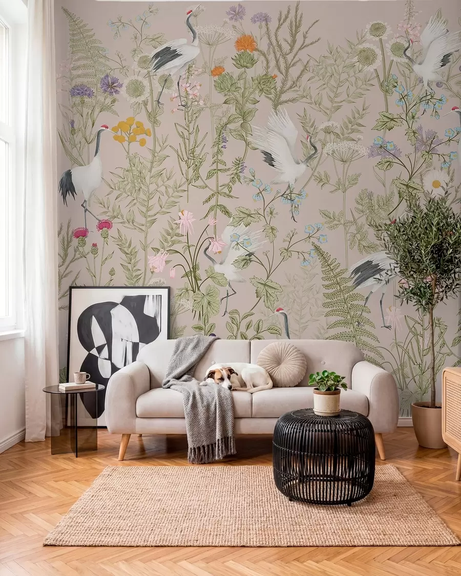 Fototapetes Elegantas dzērves starp košiem ziediem w00380